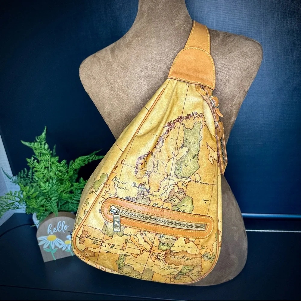 Vintage Alviero Martini 1A Classe Geo Map Coated Canvas Leather Sling Backpack
